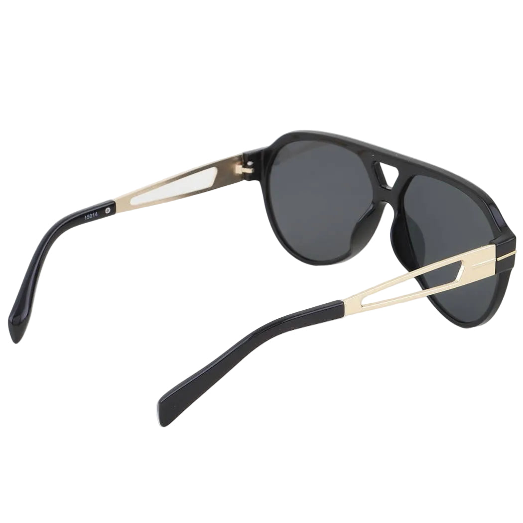 Sunglasses with black lenses and gold frames on a white background