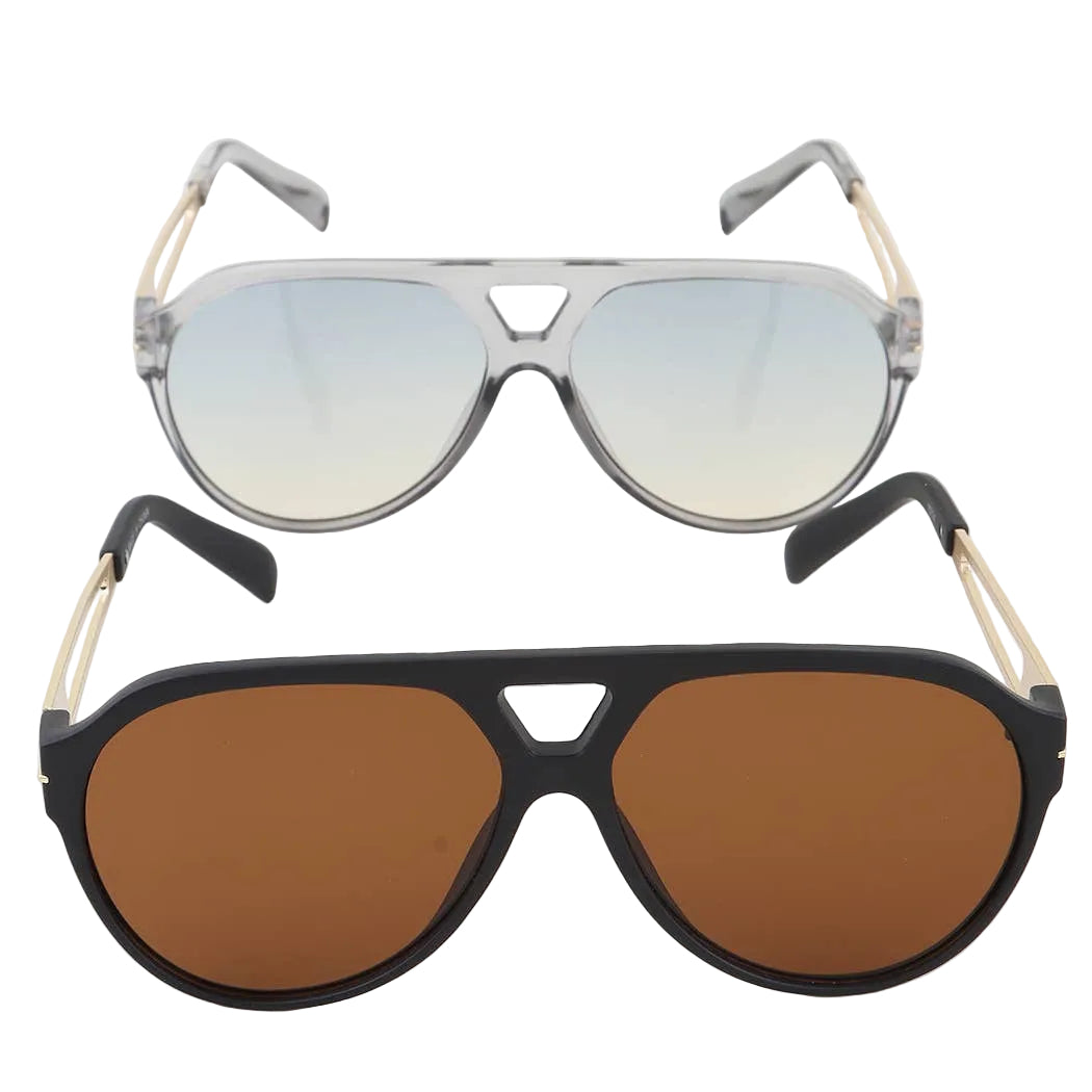 Two pairs of sunglasses with different lens colors on a white background