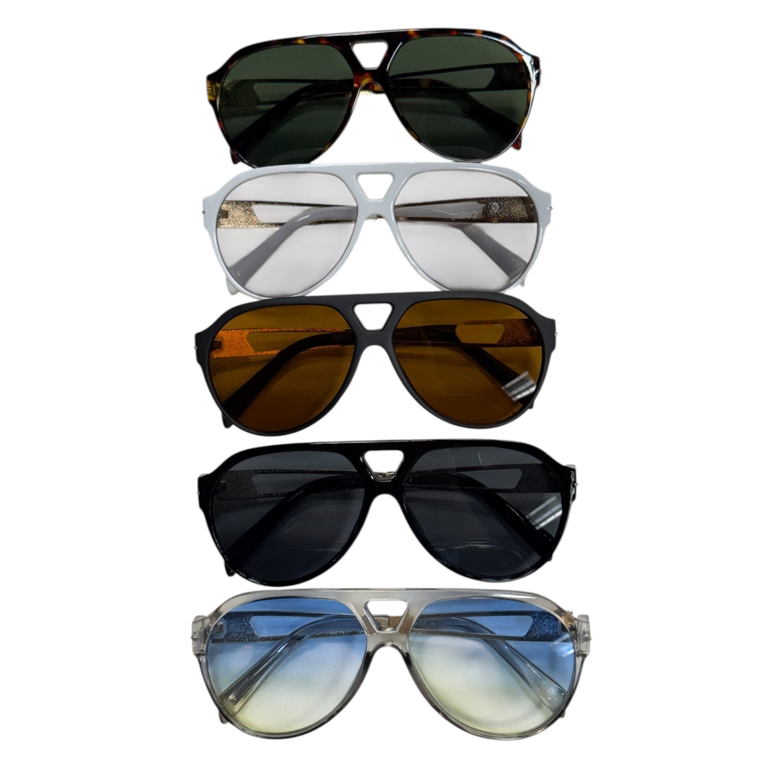 Five pairs of sunglasses with different lens colors and frames on a white background
