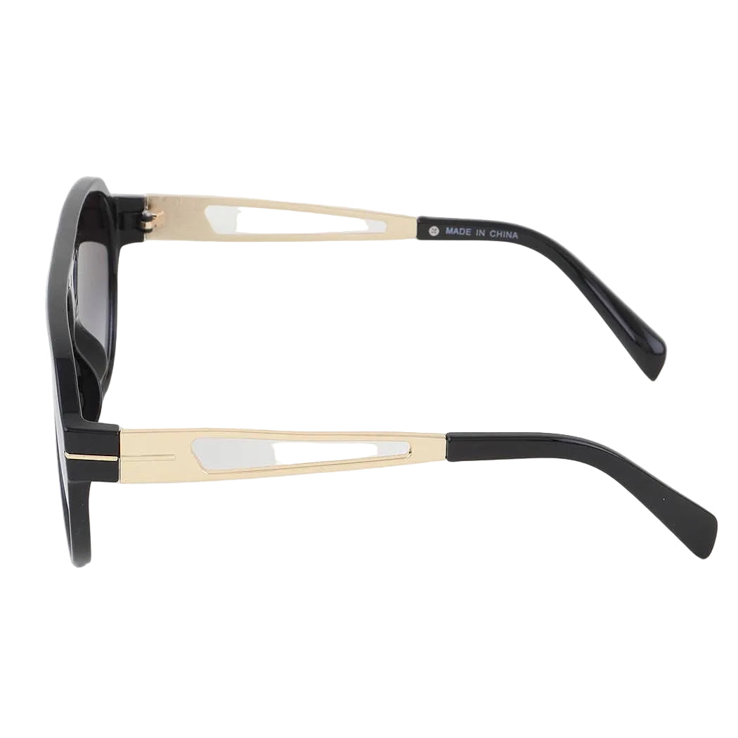 Sunglasses with black and gold frames on a white background