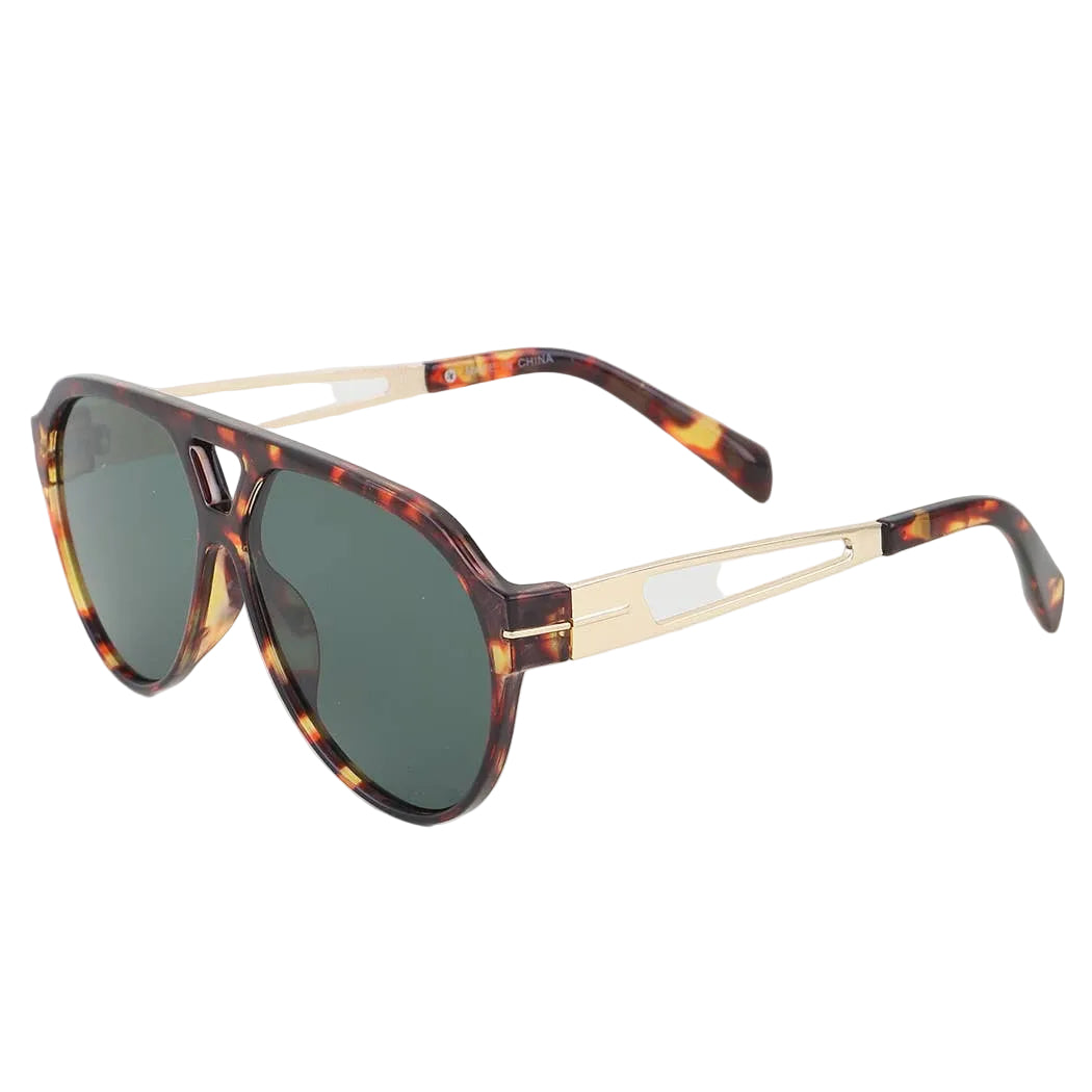 Sunglasses with tortoiseshell frame and gold accents on a white background