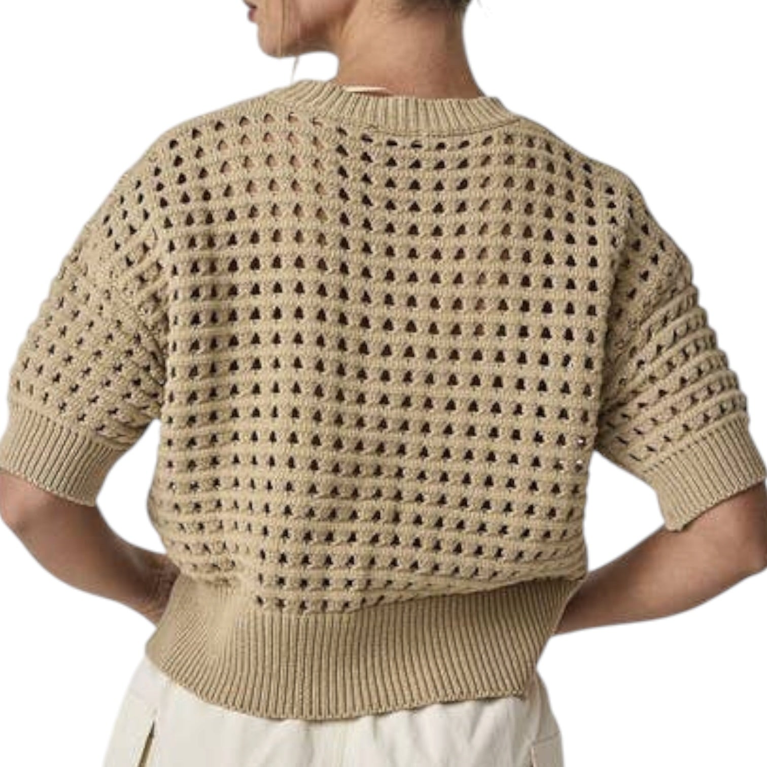 Beige knitted sweater with a textured pattern on a white background