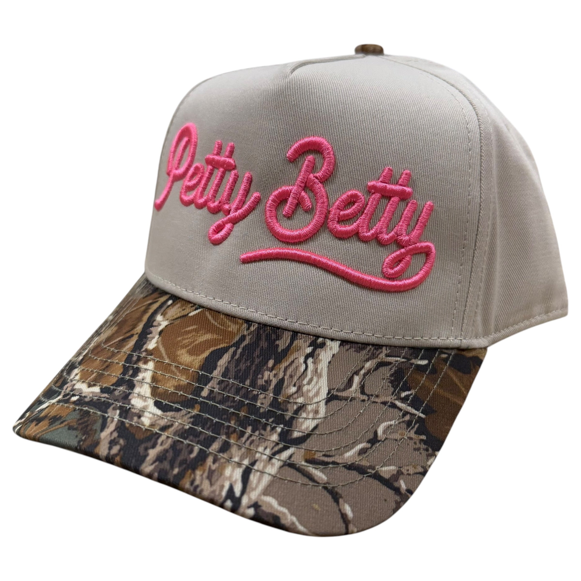 real tree brim trucker hat with "Petty Betty" embroidered in pink
