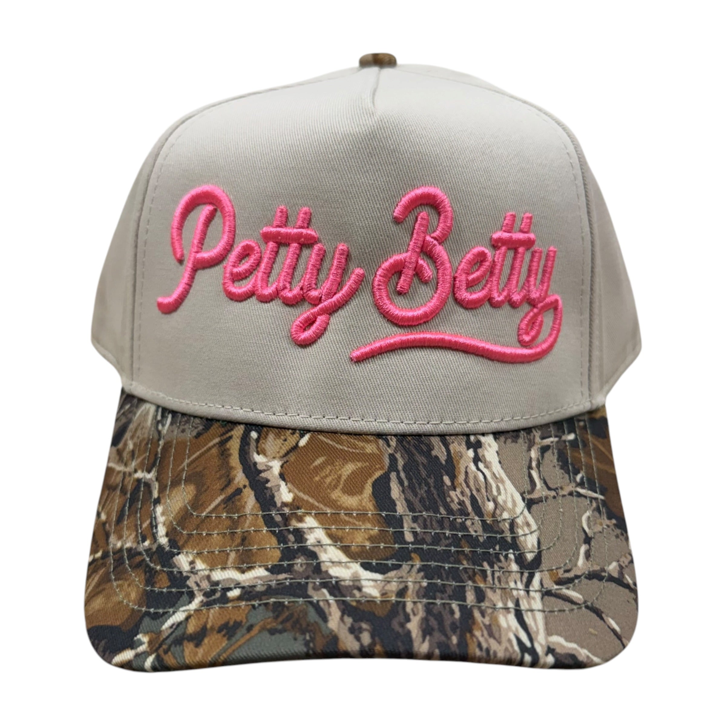 real tree brim trucker hat with "Petty Betty" embroidered in pink