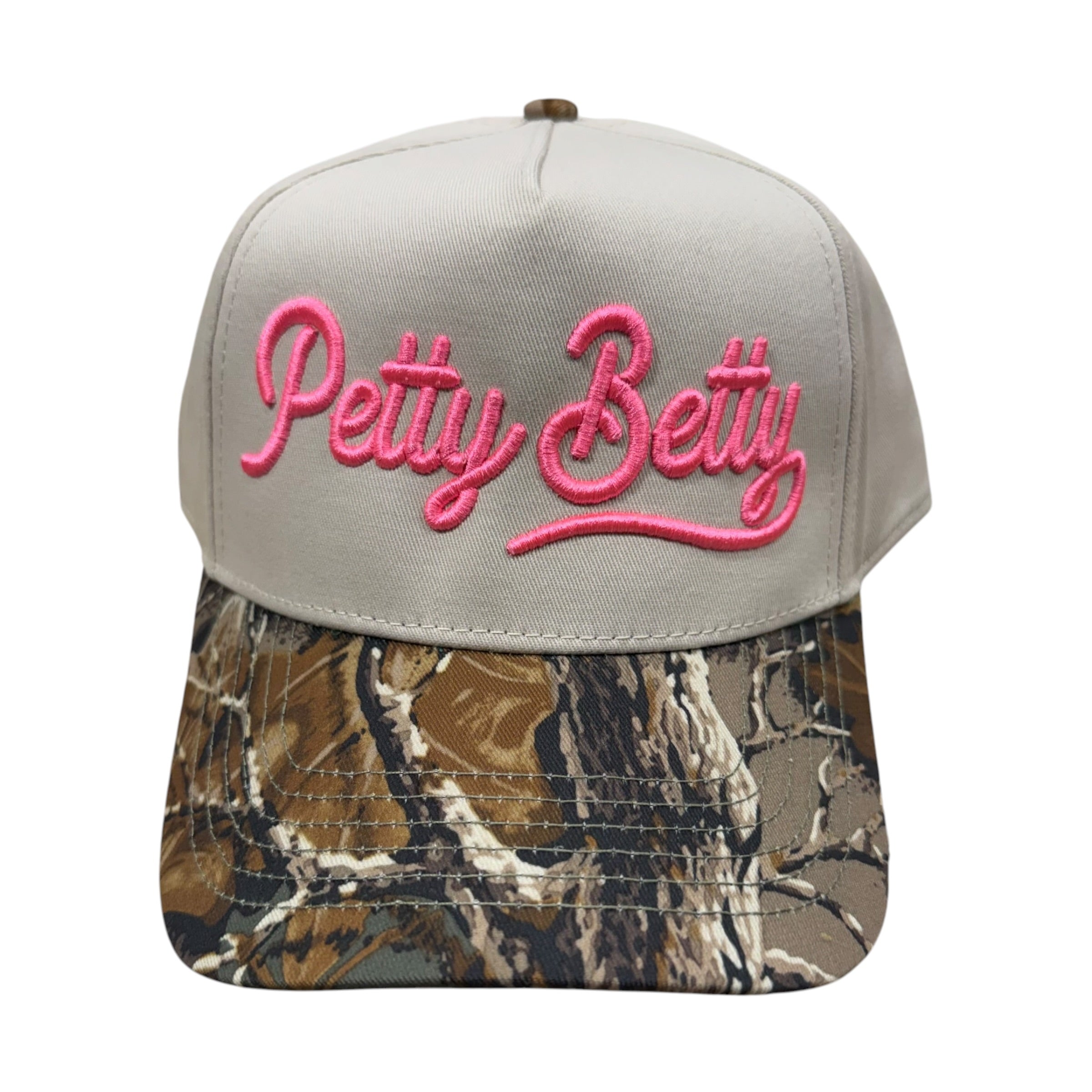 real tree brim trucker hat with "Petty Betty" embroidered in pink