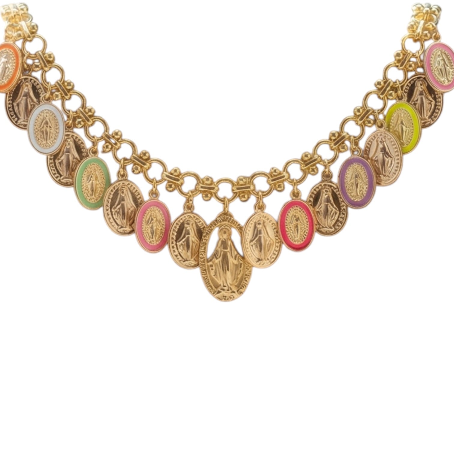 Gold-toned chain necklace with multiple oval Miraculous Medal charms in assorted colors including pink, green, purple, yellow, and silver, displayed on a plain white background.