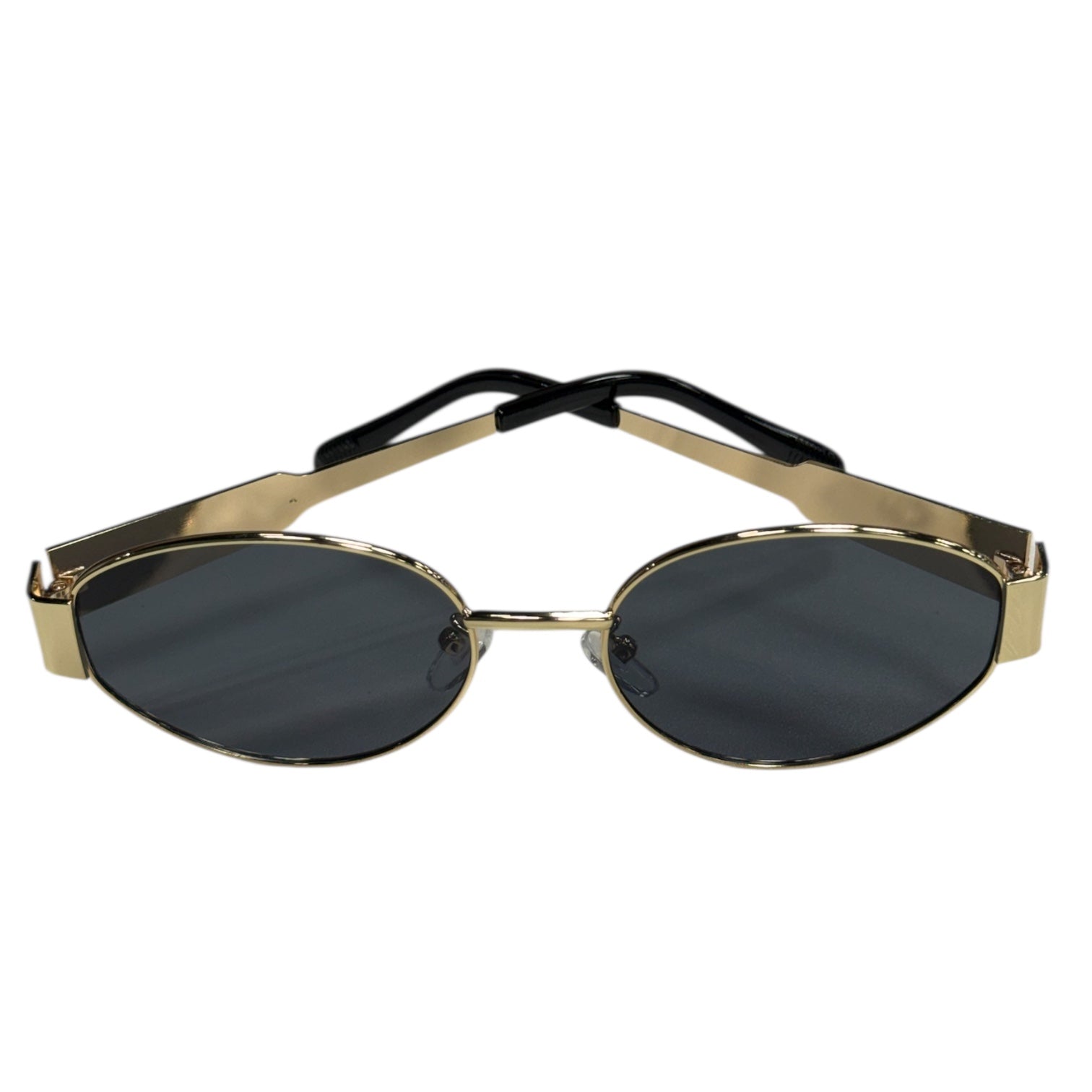 Gold-framed sunglasses with black lenses on a white background