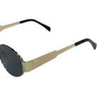 Gold-framed sunglasses with black lenses on a white background