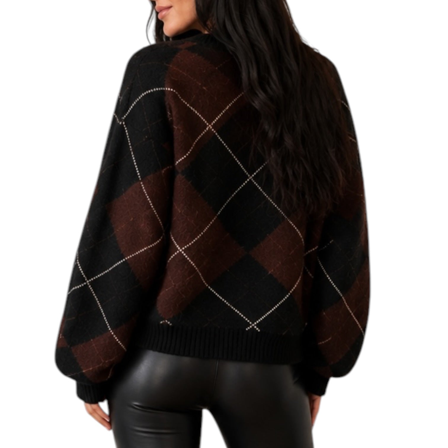 A woman wearing a dark brown and black argyle knit sweater with thin white diamond lines, shown from the back against a plain white background.