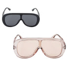 Two pairs of sunglasses, one black and one pink, on a white background.