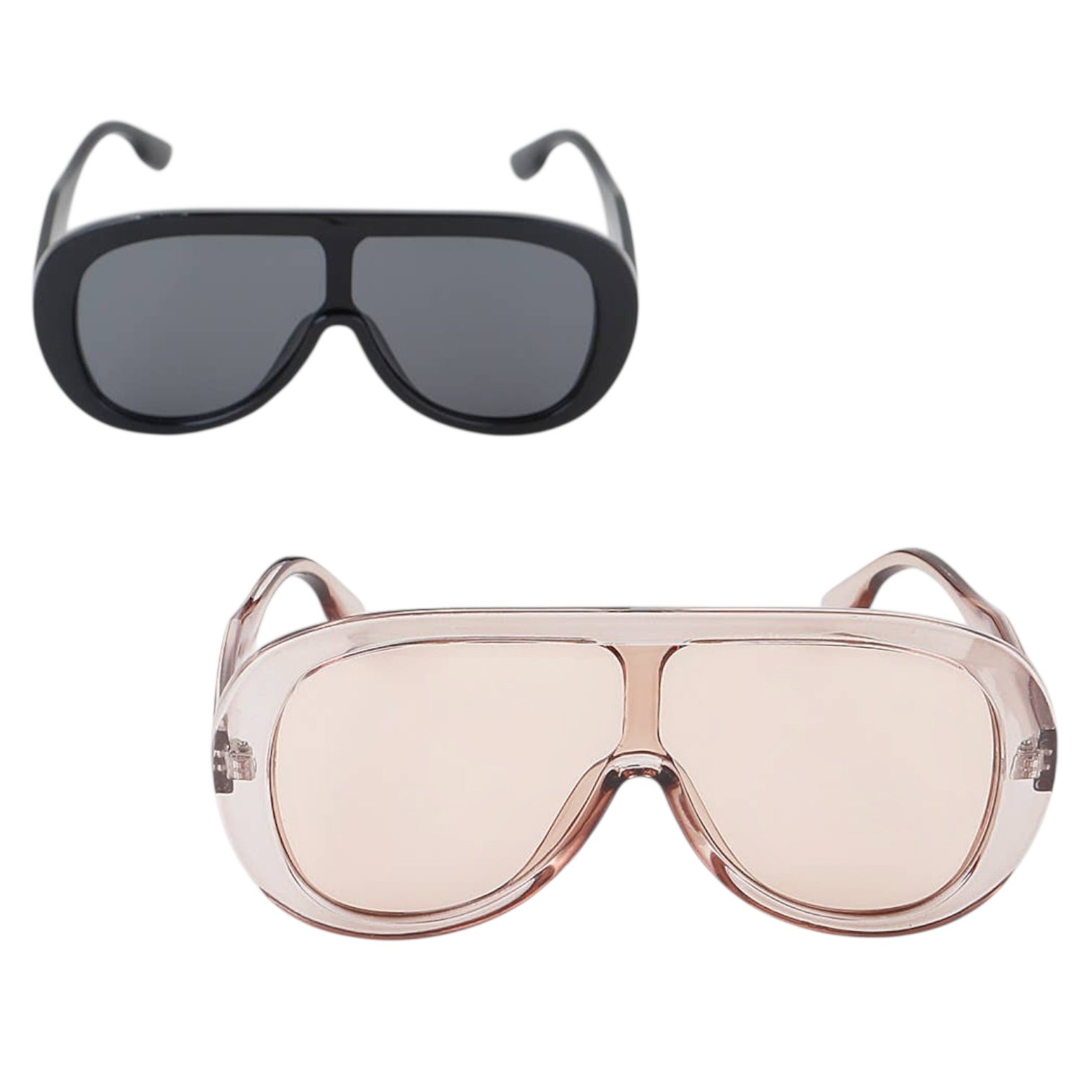 Two pairs of sunglasses, one black and one pink, on a white background.