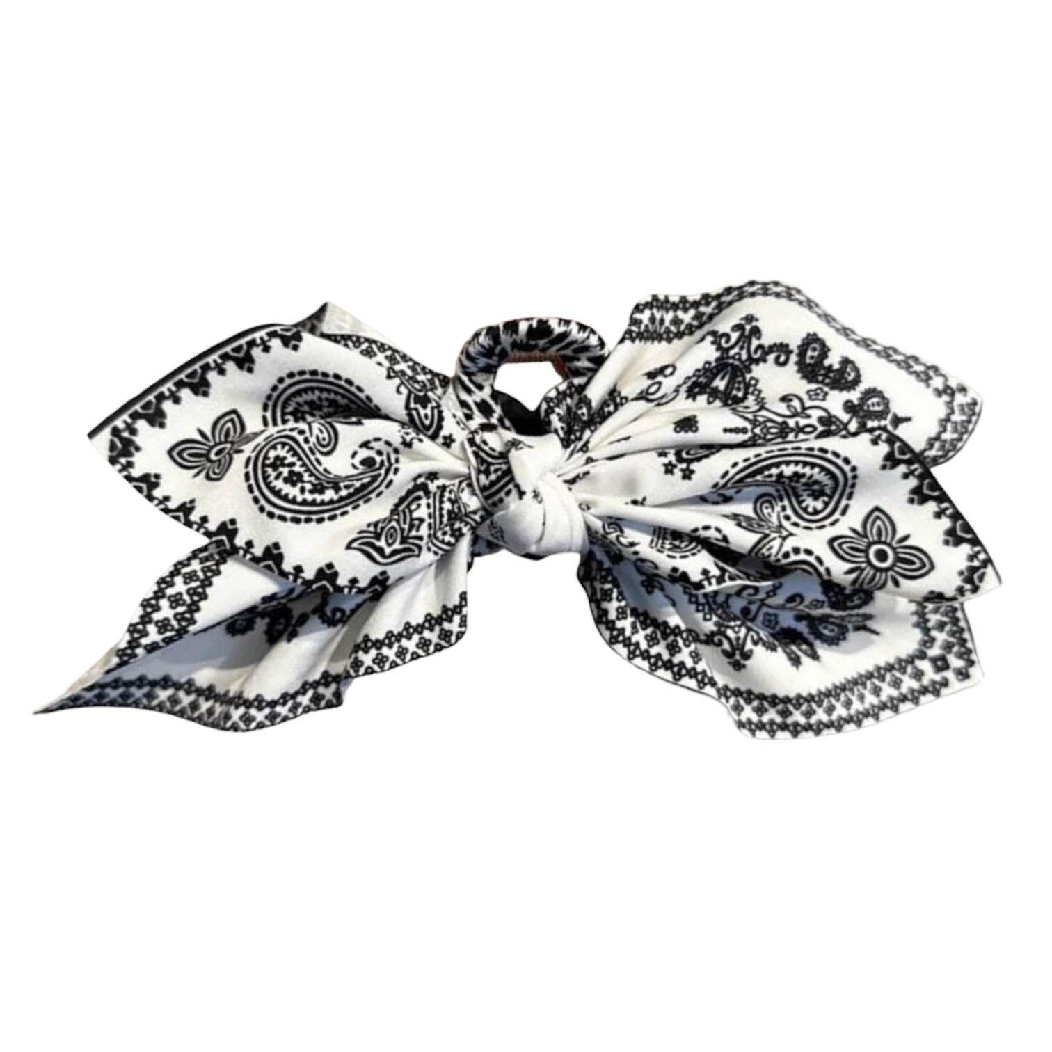 Large black and white paisley bow on a white background