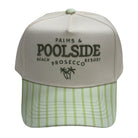 Beige cap with 'Palms & Poolside Beach Prosecco Resort' text and green striped pattern on a white background
