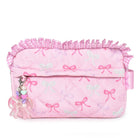 Pink pouch with bow pattern on a white background