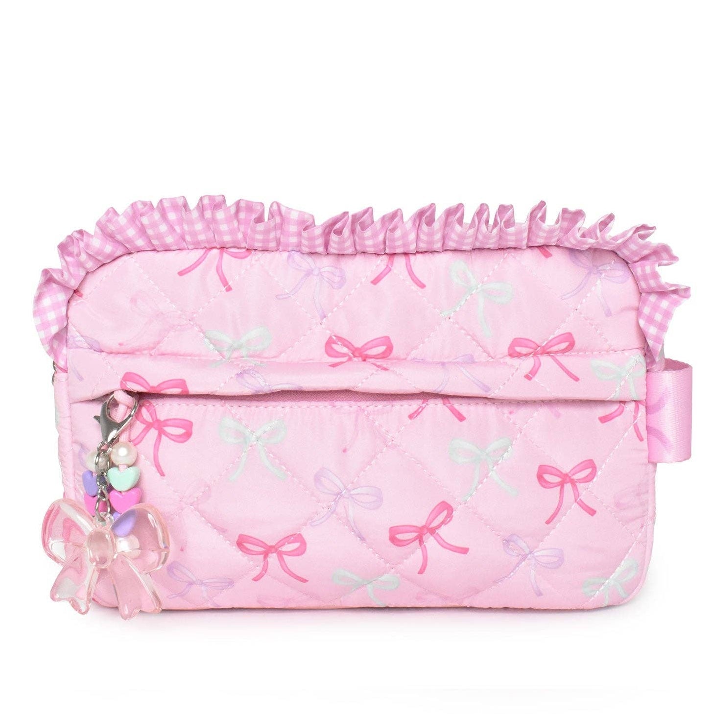 Pink pouch with bow pattern on a white background