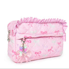 Pink cosmetic bag with bow patterns on a white background