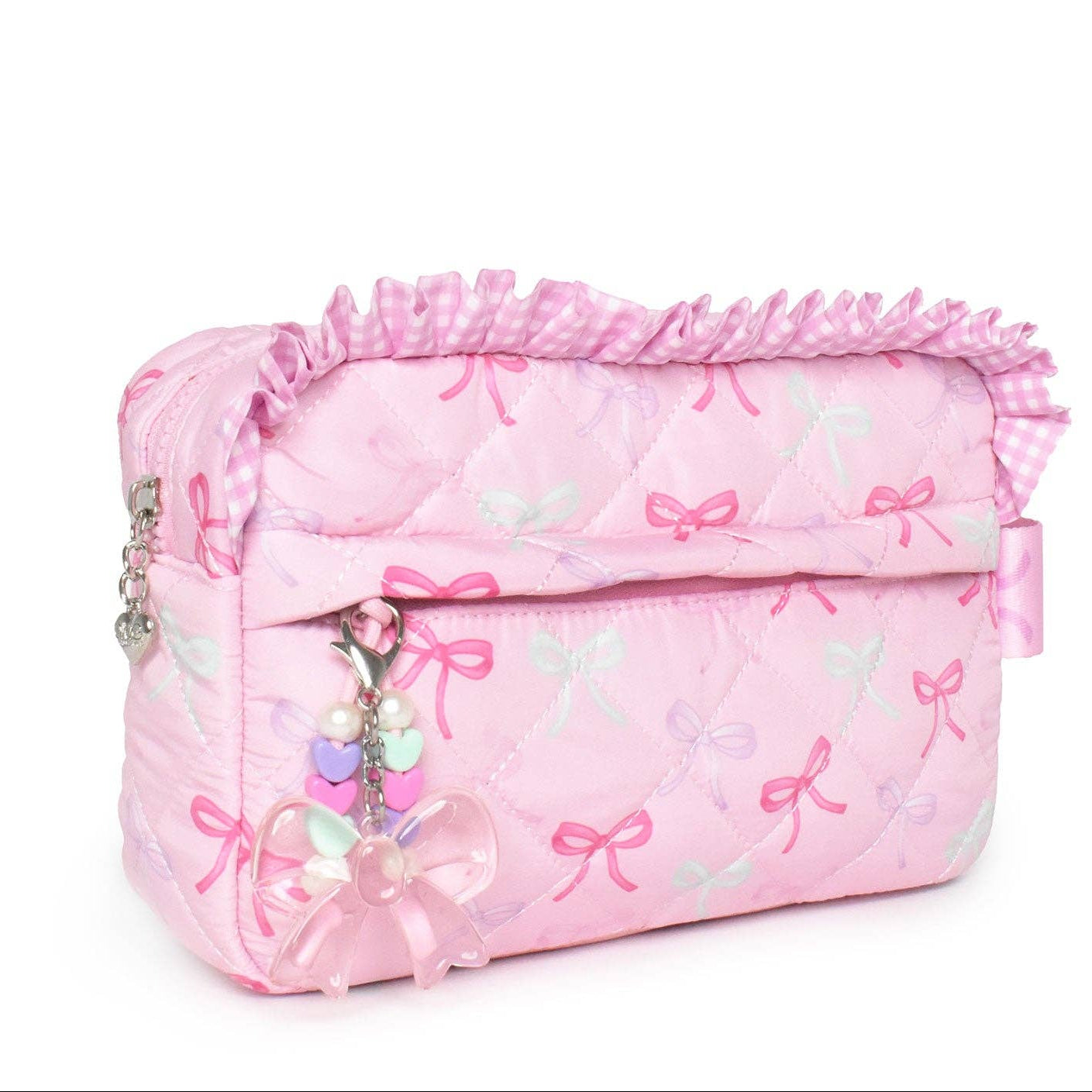 Pink cosmetic bag with bow patterns on a white background