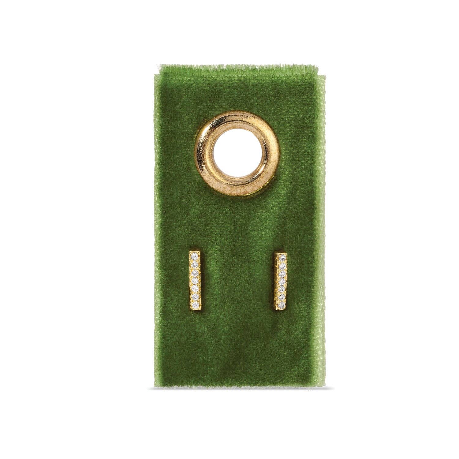 Gold stud bar earring on a green velvet card.