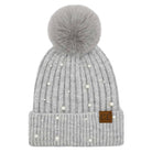 Grey pom beanie with pearl embellishments, cozy winter hat.