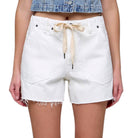 White denim shorts with a beige drawstring on a white background