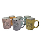 Set of six mugs with 'Petty Betty' branding on a white background