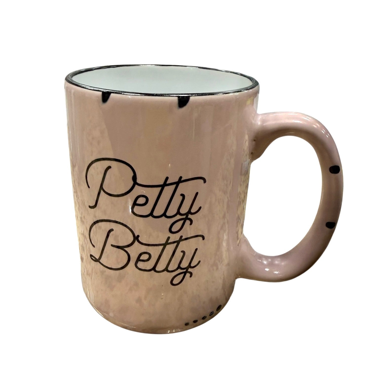 pink mug with 'Petty Betty' text on a white background