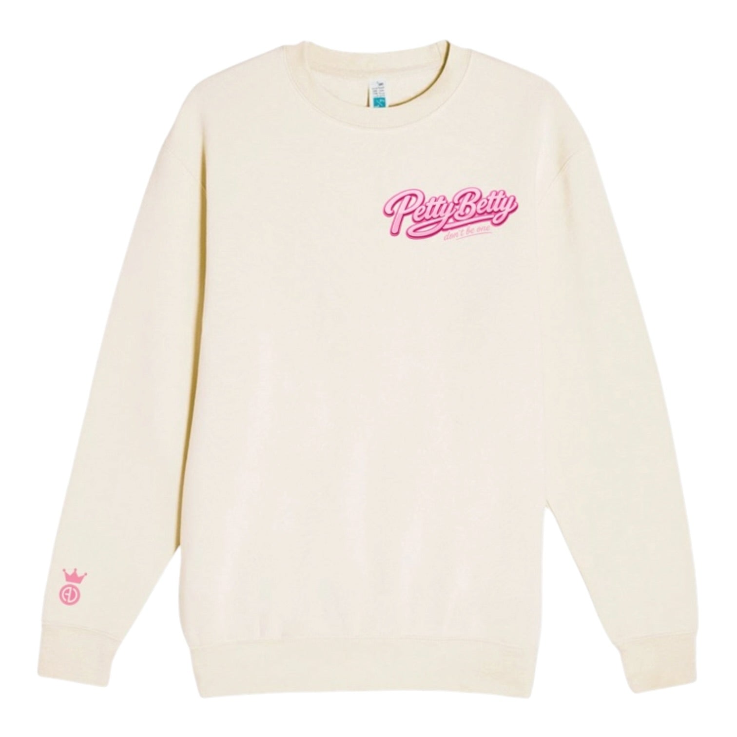 An off-white crewneck sweatshirt featuring a pink 'Petty Betty' script logo on the left chest and a small pink crown logo on the right sleeve, displayed against a solid white background.