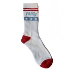 White sock with red and blue accents featuring the word 'Philly'.