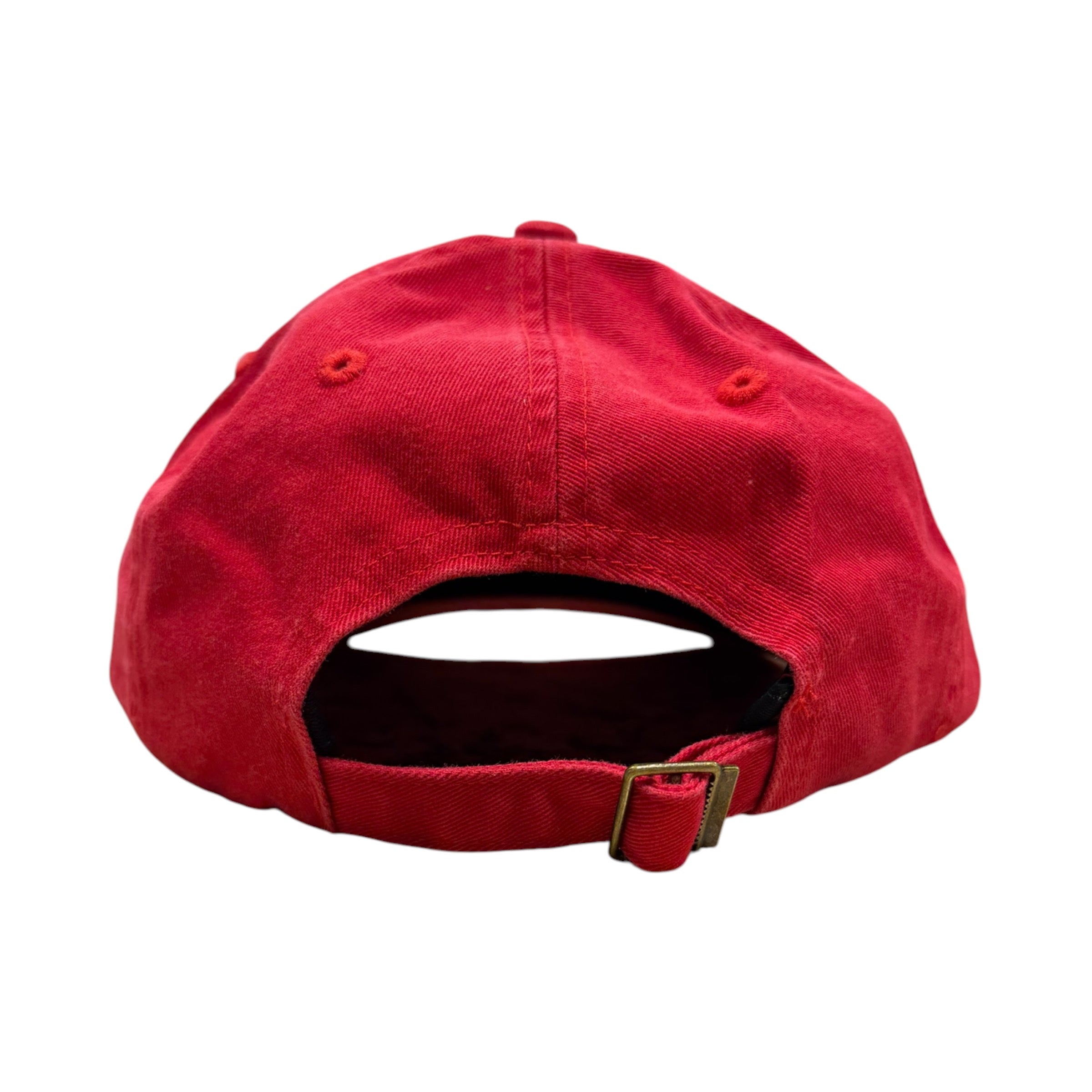 Red cap with a strap on a white background