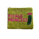 Green beaded pouch with 'Pickle Princess' text and pickle emoji on a white background