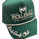 Green pickleball cap with embroidered text on a white background