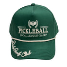 Green pickleball cap with 'Pickleball Local League Champ' text on a white background