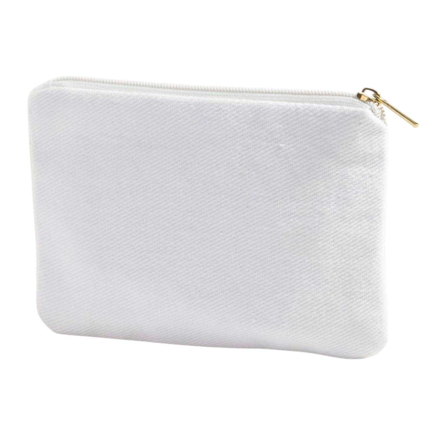 White pouch with a gold zipper on a white background