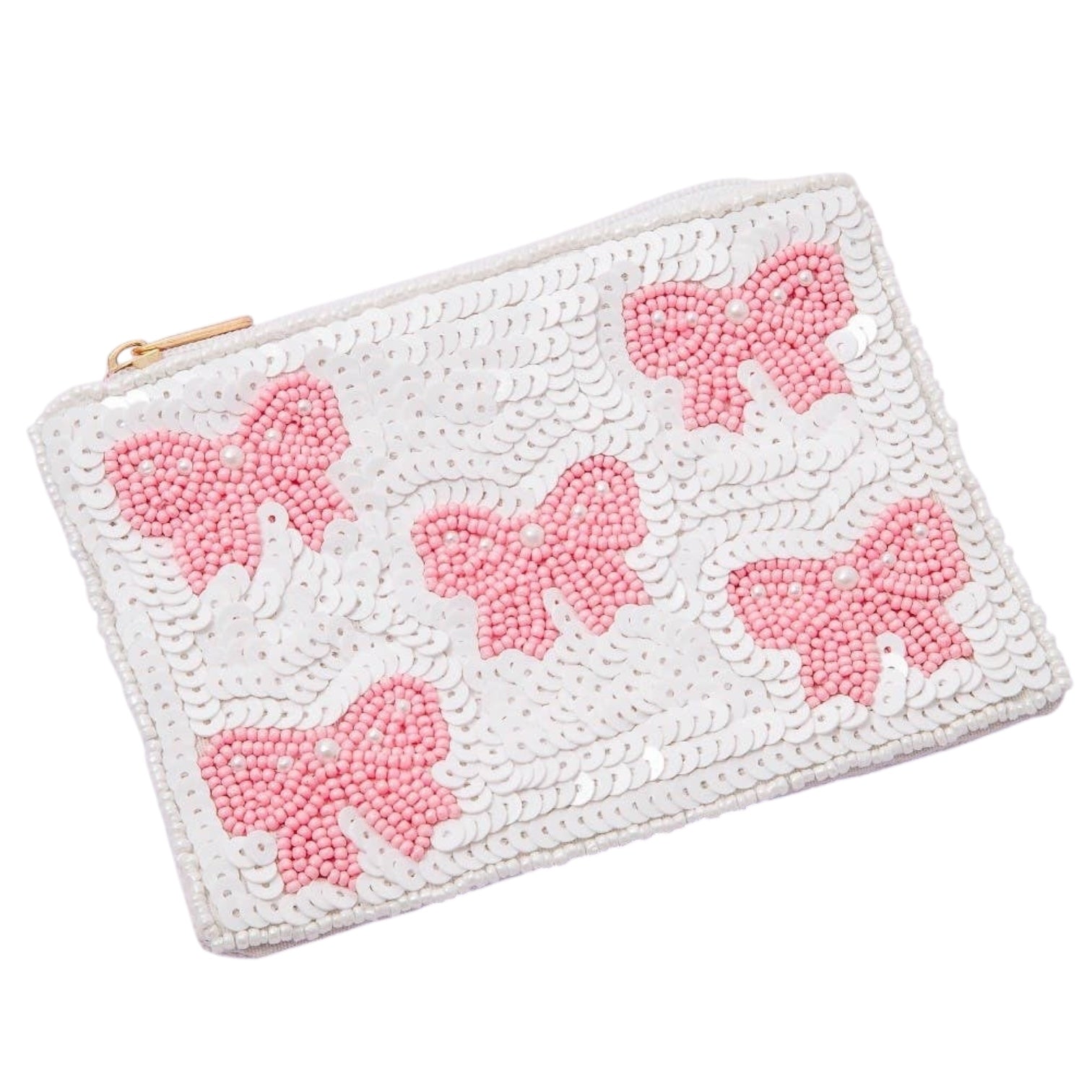 White pouch with pink butterfly patterns on a white background