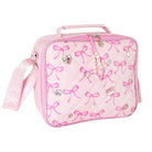 A pink quilted lunch bag decorated with pink bow patterns, rhinestones, and a pearl charm, shown on a plain white background.