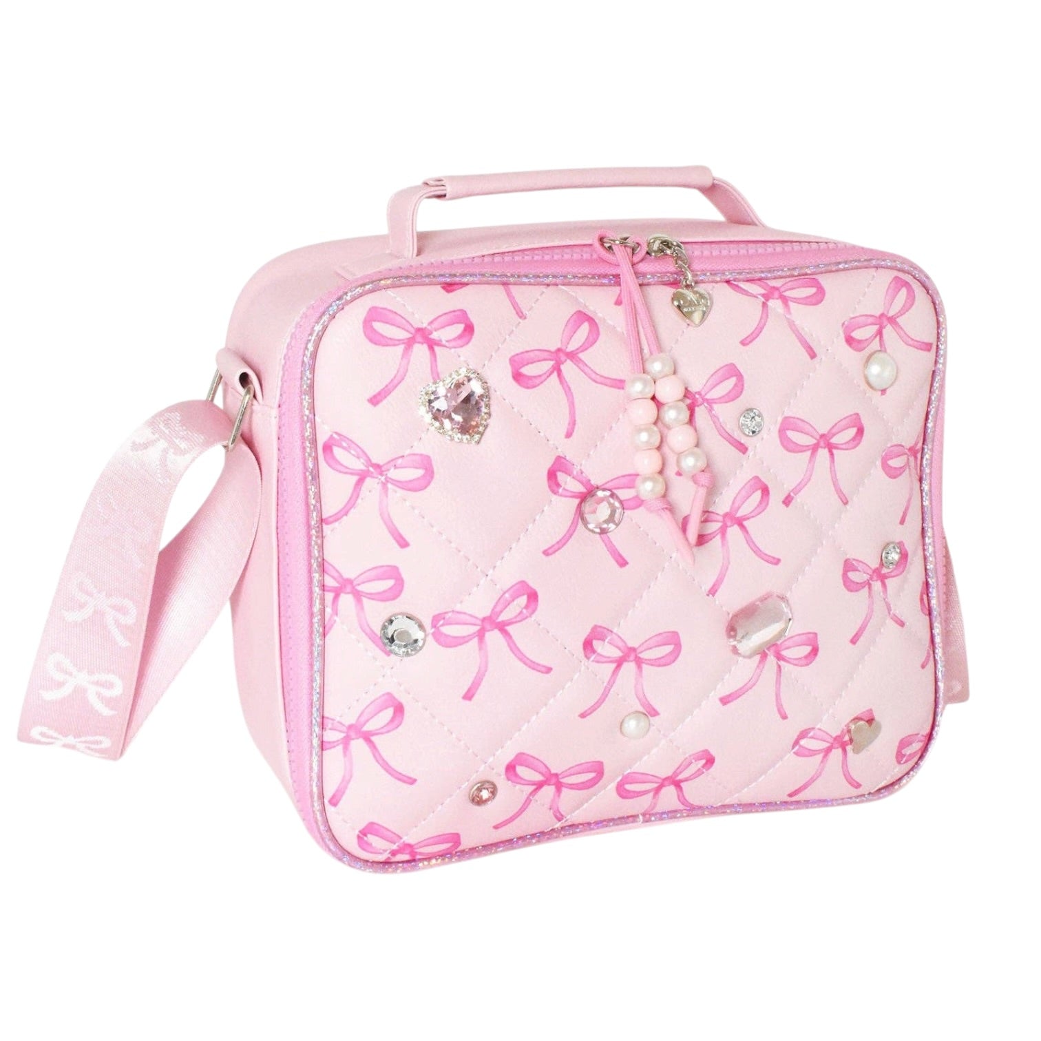 A pink quilted lunch bag decorated with pink bow patterns, rhinestones, and a pearl charm, shown on a plain white background.