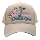 Beige cap with pink flamingo and cocktail-themed embroidery on a white background