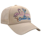 Beige cap with pink flamingo and cocktail glass design on a white background