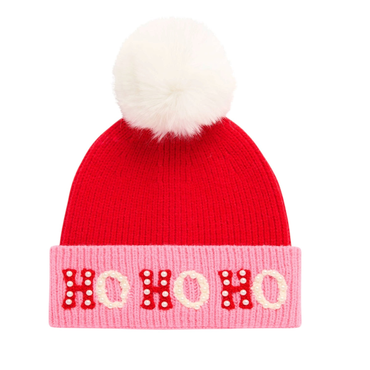 A festive knit beanie hat featuring a bright red crown, a light pink folded cuff with 'HO HO HO' lettering in cream and red, and a fluffy white pom-pom on top, set against a plain white background.