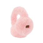 A light pink fluffy faux-fur heart-shaped dog toy with a small brown tag on the front, isolated on a white background.