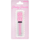 A pink lip gloss tube decorated with 3D pink pearls, packaged in a pink card with 'Pretty Pearls' branding.