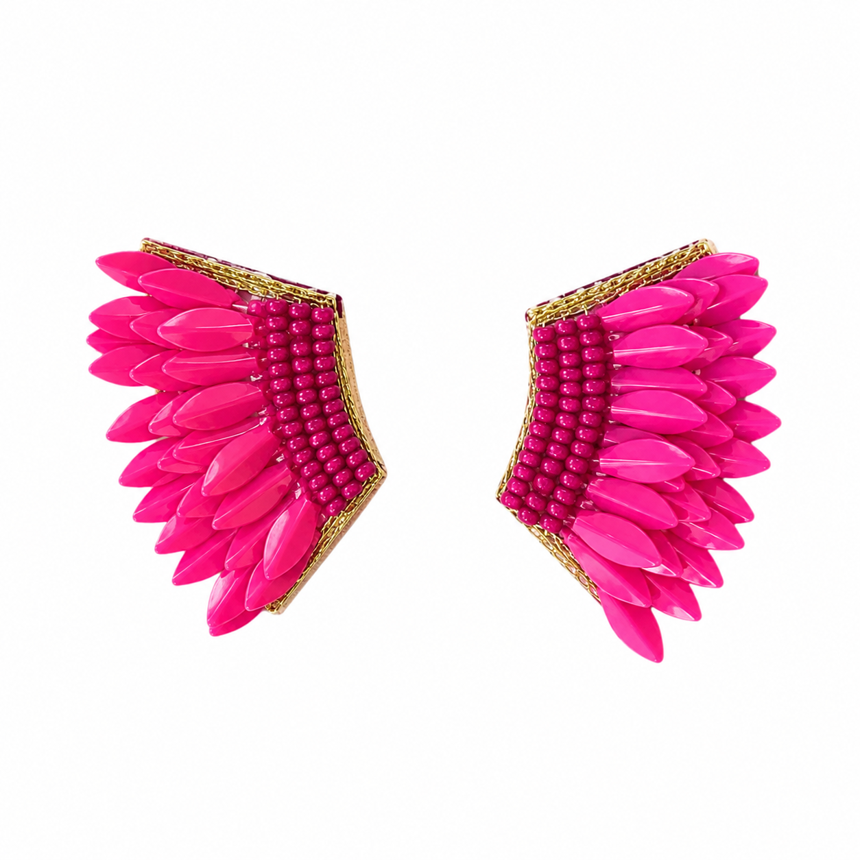Pair of pink feather-like earrings with gold accents on a white background