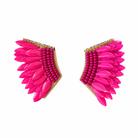 Pair of pink feather-like earrings with gold accents on a white background