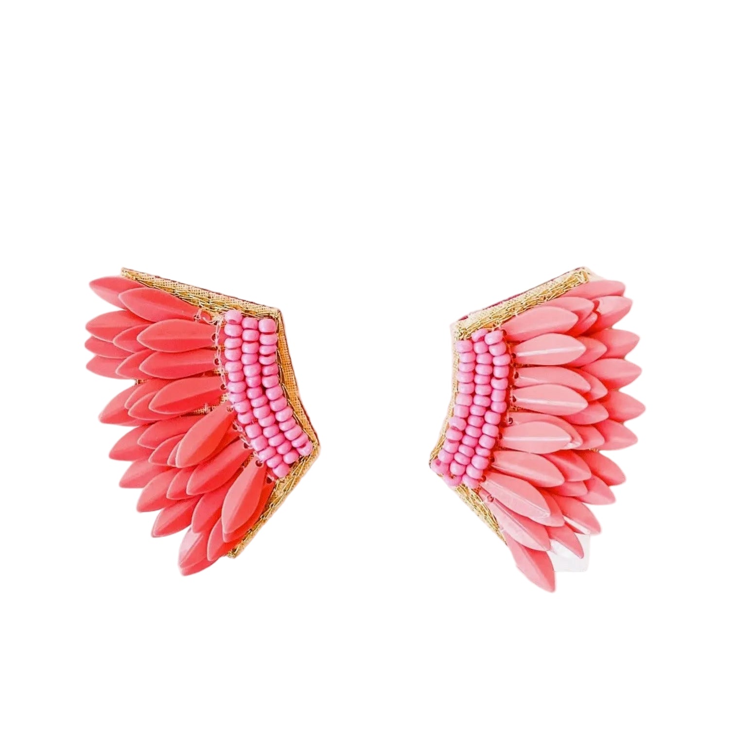 Pair of pink feather-shaped earrings on a white background