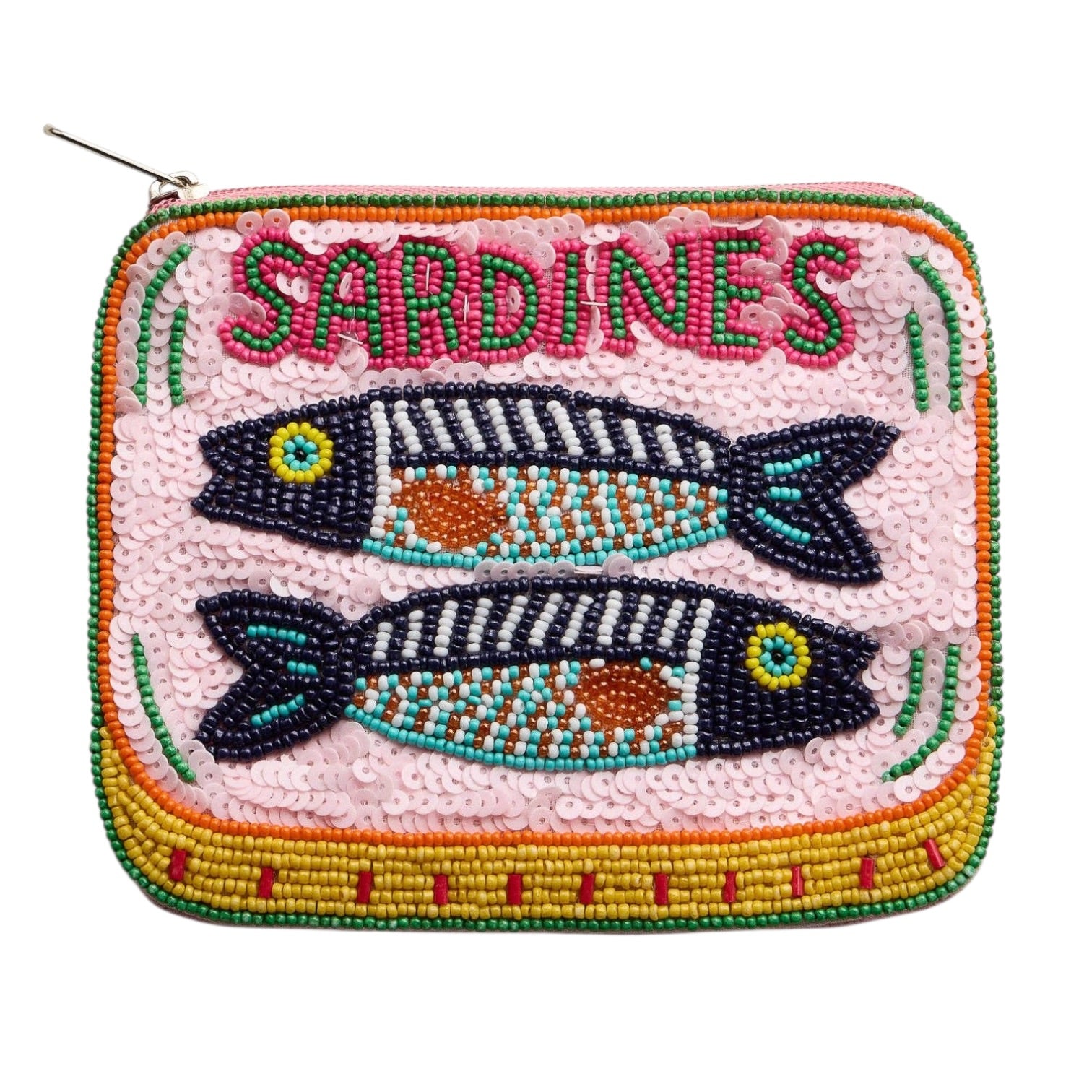 Beaded pouch with fish design and 'Sardines' text on a white background