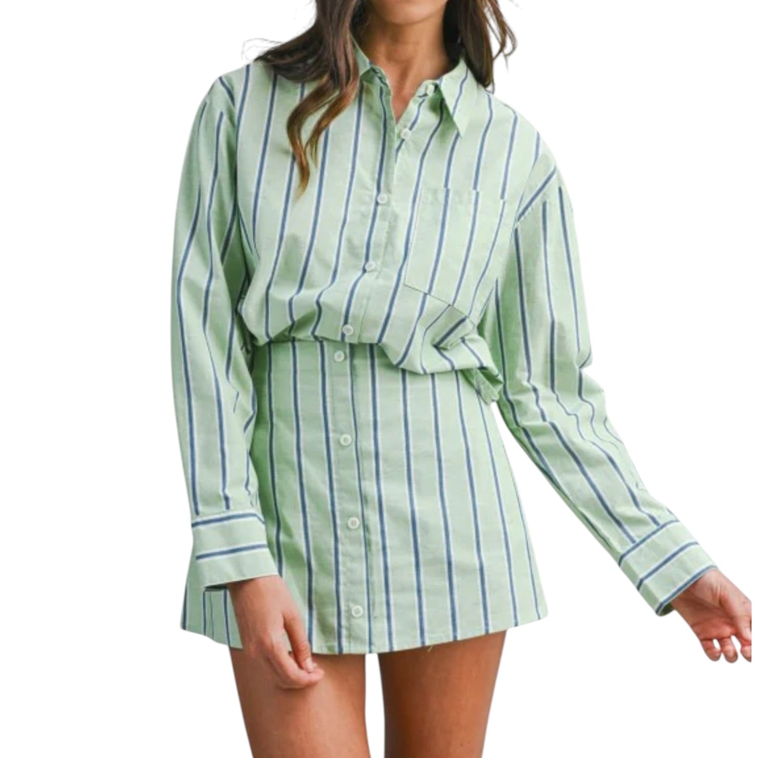 Green and white striped shirt worn by a person on a white background