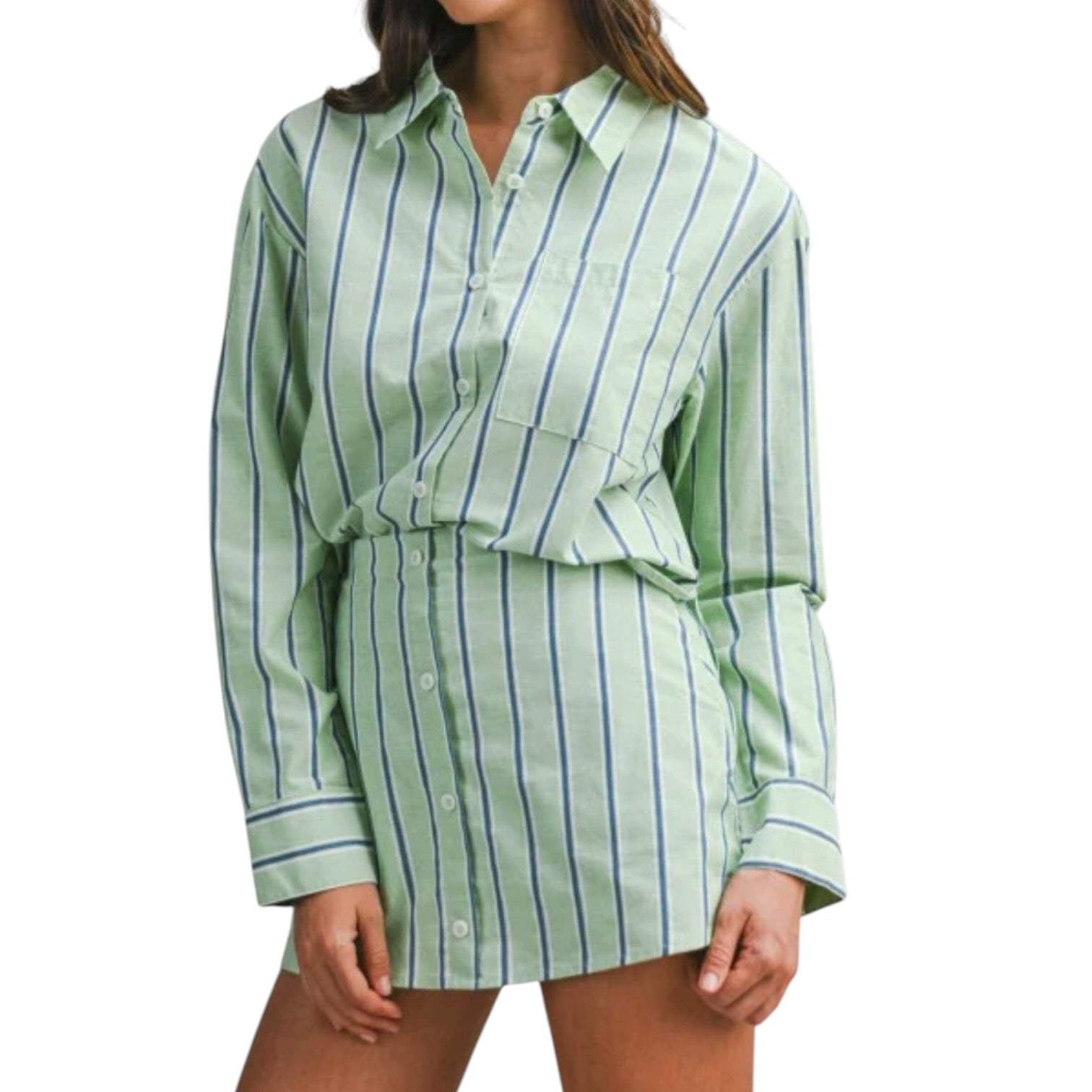 Green and white striped skirt set worn by a person on a white background