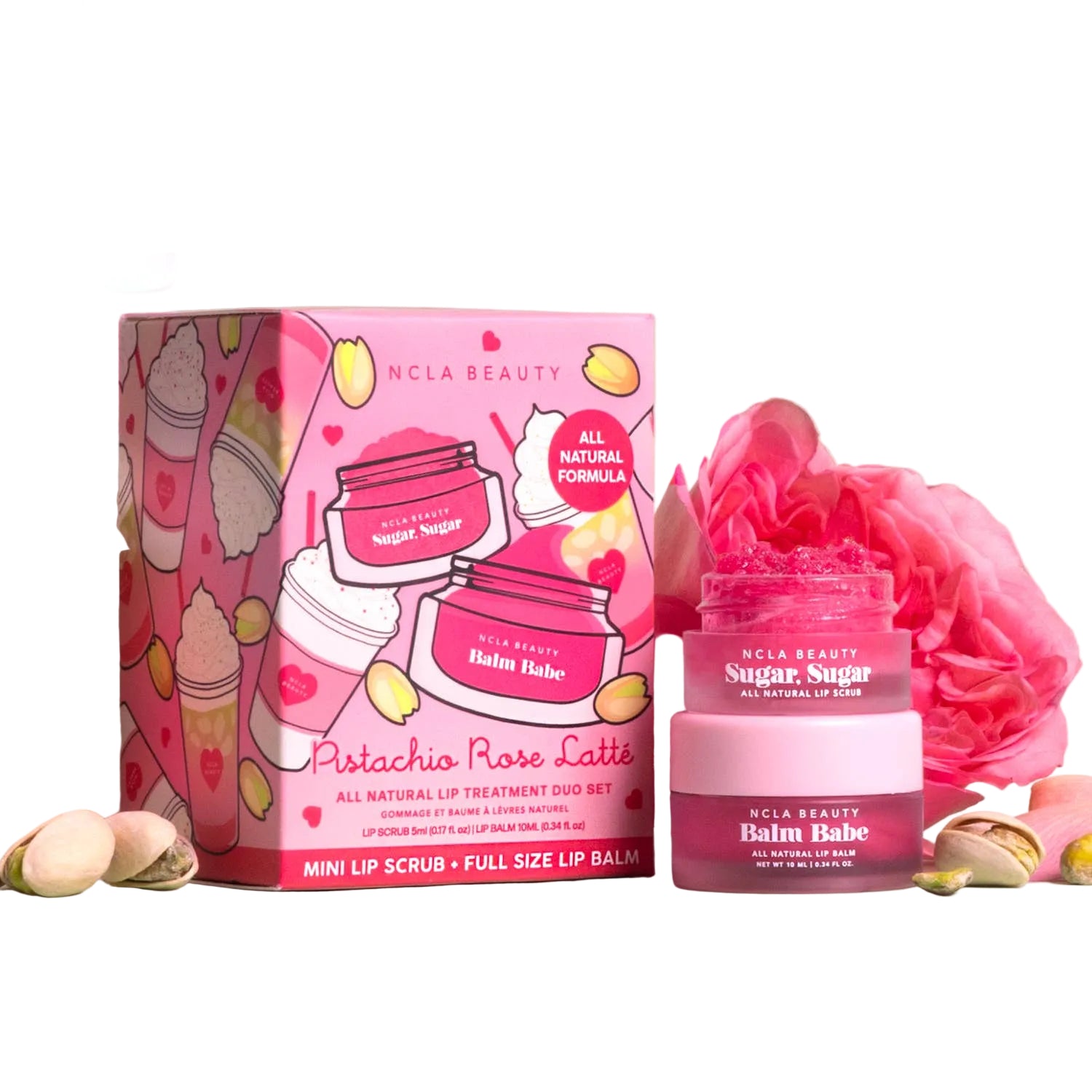 NCLA Beauty lip balm and scrub set with pink packaging on a white background