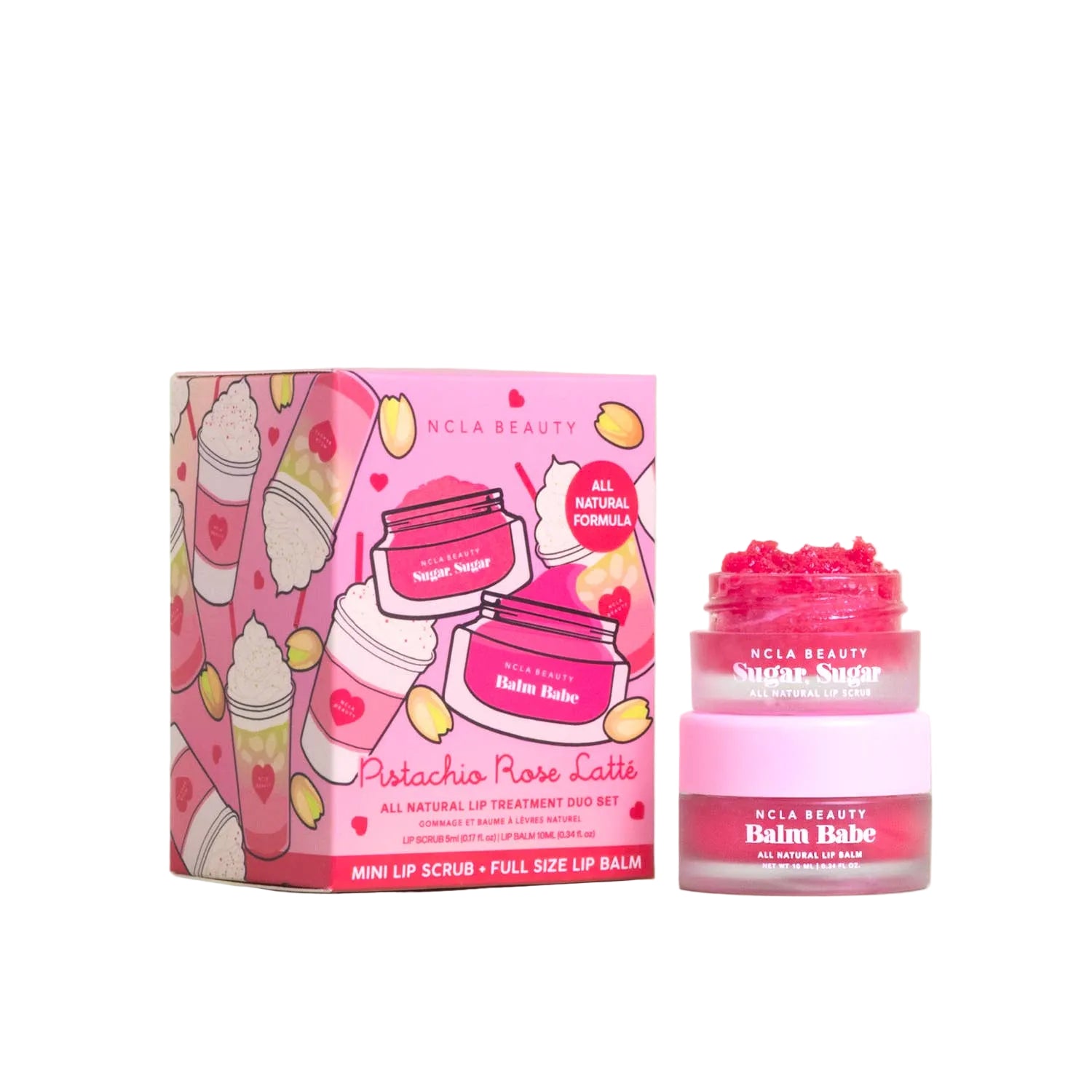 NCLA Beauty lip balm and scrub set with pink packaging on a white background