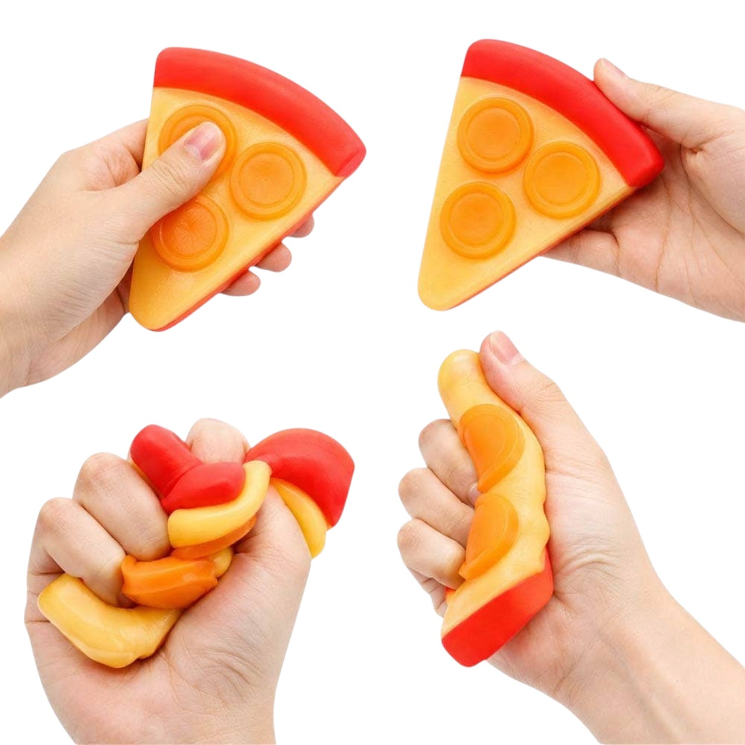 Hands squeezing a pizza slice-shaped stress reliever toy on a white background